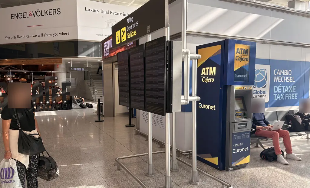 Euronet ATM and Global Exchange currency exchange and tax-free desk at Málaga Airport