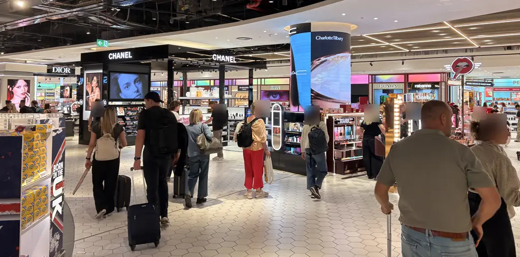 Perfume and cosmetics counters in the Málaga Airport duty-free shop