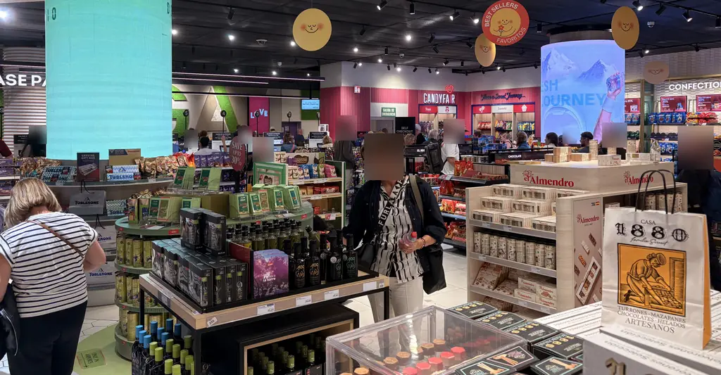 Turrón, olive oil and Spanish food gifts on sale in the Málaga Airport duty-free shop